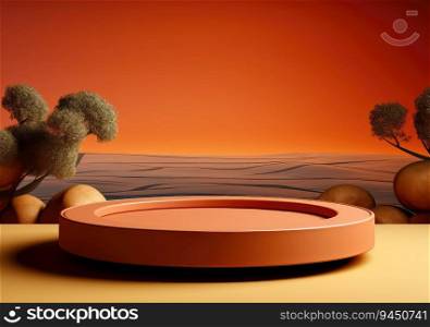 Round wooden saw cut cylinder shape on beige background abstract background. product podium with architecture columns on warm tone. AI Generative.