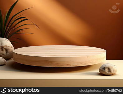 Round wooden saw cut cylinder shape on beige background abstract background. product podium with architecture columns on warm tone. AI Generative.