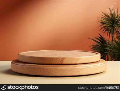 Round wooden saw cut cylinder shape on beige background abstract background. product podium with architecture columns on warm tone. AI Generative.