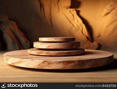 Round wooden saw cut cylinder shape on beige background abstract background. product podium with architecture columns on warm tone. AI Generative.