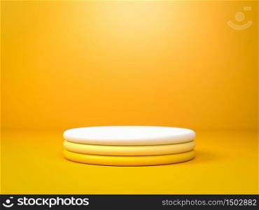 Round yellow gradient stage, podium or pedestal over yellow paper background in studio. 3d illustration. Background or mockup for cosmetics or fashion. Use for product identity, branding and presenting. Place your object or product on pedestal.. Round yellow gradient stage, podium or pedestal over yellow paper background in studio. 3d render. Background or mockup for cosmetics or fashion. Use for product identity, branding and presenting. Place your object or product on pedestal.