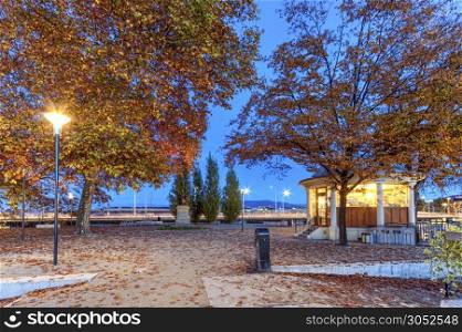 Rousseau island by autumn night, Geneva, Switzerland