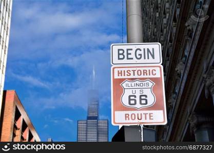 Route 66 sign, the beginning of historic Route 66, leading through Chicago, Illinois.