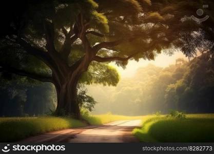 Route journey amidst tree in sun. Forest tree. Generate Ai. Route journey amidst tree in sun. Generate Ai
