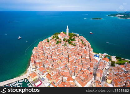 Rovinj. Historic Adriatic town of Rovinj aerial view. Rooftops of famous tourist destination in Istria region of Croatia