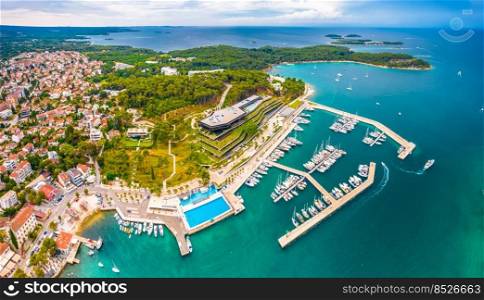 Rovinj waterfront. Town of Rovinj scenic waterfront aerial view, famous tourist destination in Istria region of Croatia