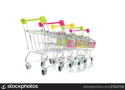 Row empty shopping carts isolated white background