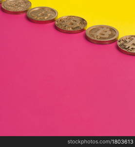 row many bitcoins yellow pink dual background