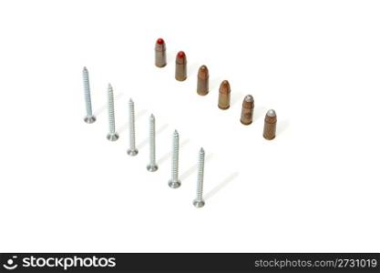 Row of 9mm Parabellum cartridges versus row of screws isolated