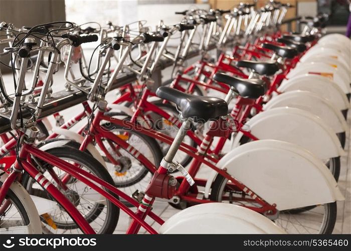 Row of bicycles for rent in Antwerpen, Belgium&#xA;