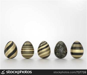 Row of black and gold Easter eggs, balanced on its blunt end on grey background. Easter decoration seamless banner concept