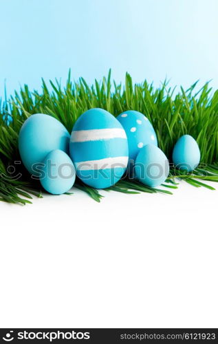 Row of blue Easter Eggs in fresh green grass isolated on white background