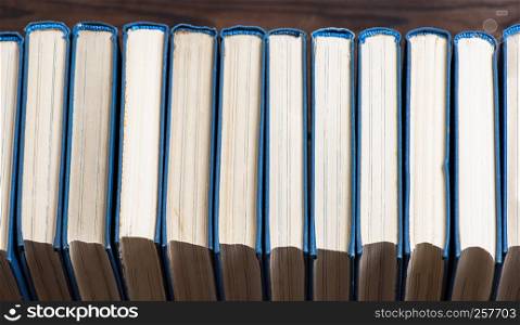 row of books with blue cover, top view