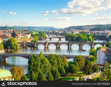 Row of bridges in Prague at summer day