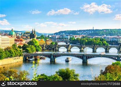 Row of bridges in Prague at sunset in summer, Czech Republic. Row of bridges in Prague