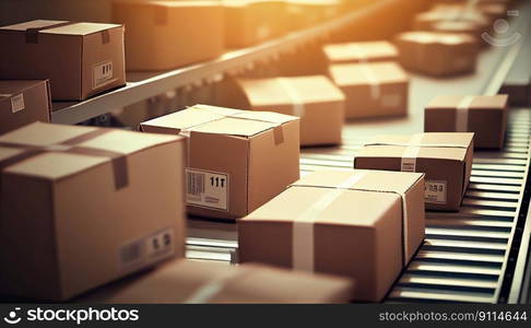 Row of brown boxes on conveyor belt in a big warehouse, Cardboard boxes in logistics warehouse, Packed courier on production line against, Generative AI