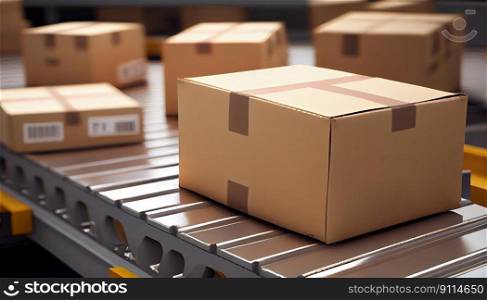 Row of brown boxes on conveyor belt in a big warehouse, Cardboard boxes in logistics warehouse, Packed courier on production line against, Generative AI