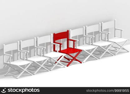 Row of chairs with one red, 3d rendering
