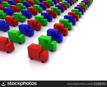 row of colored RGB cars. 3d