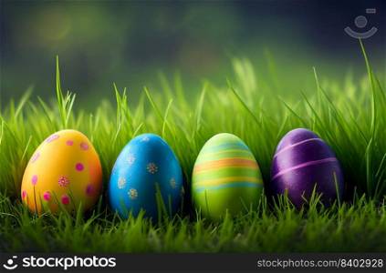 Row of colorful painted easter eggs in fresh green grass background for holiday concept, happy easter 