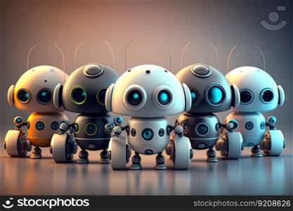 row of cute robots, each with its own unique personality and features, assisting humans in various workplaces, created with generative ai. row of cute robots, each with its own unique personality and features, assisting humans in various workplaces