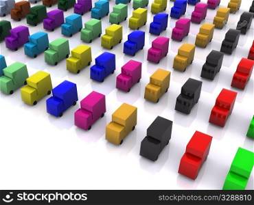 row of different colores cars. 3d