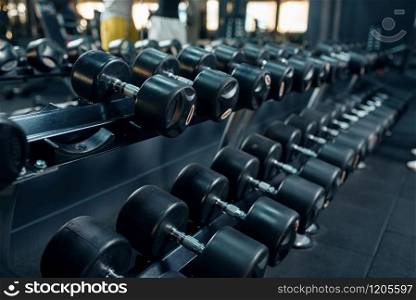 Row of dumbbells in gym closeup, nobody. Equipment for fitness exercises, heavy weight for sport training