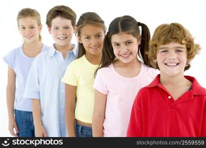 Row of five young friends smiling
