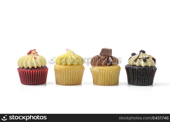 row of four cupcake on white background
