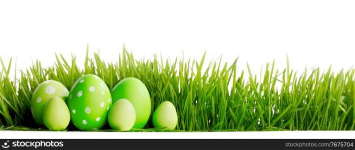 Row of green Easter Eggs in fresh green grass isolated on white background. Row of Easter Eggs in grass