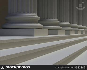 Row of Ionic columns and stair steps, architectural details of the facade of building in the Greek or Roman style, perspective view. 3D illustration.