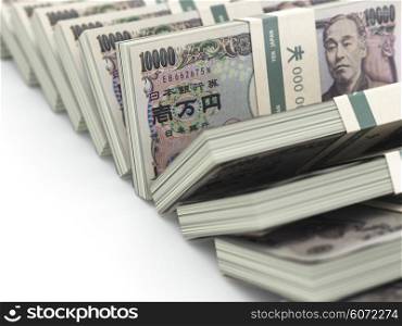 Row of japanese yen pack money on white background.