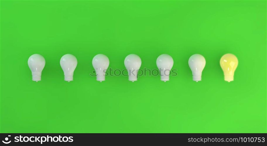 Row of Light Bulbs with One Lit Up Business Concept. Row of Light Bulbs with One Lit Up