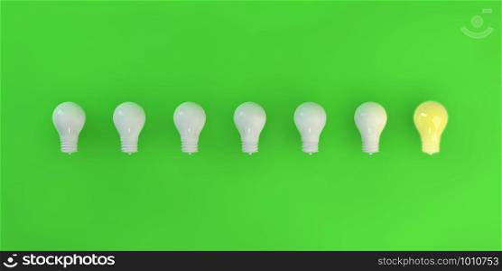 Row of Light Bulbs with One Lit Up Business Concept. Row of Light Bulbs with One Lit Up