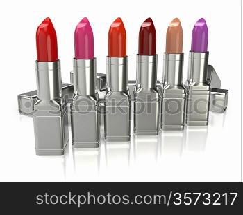 Row of lipsticks on white background. Three-dimensional image.