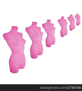 Row of many pink female showroom dummies. Showroom dummies