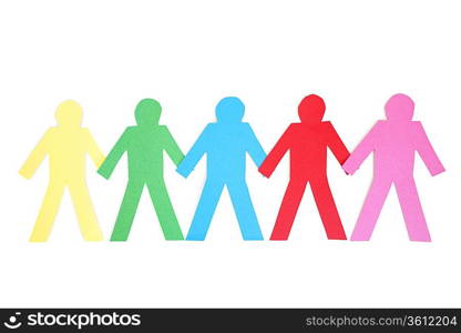 Row of multi-coloured paper cut out figures over white background