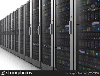 Row of network servers in datacenter room isolated on white reflective background