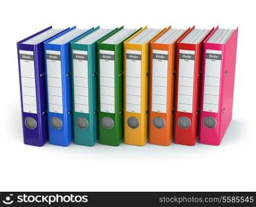 Row of office binders on white isolated background. 3d