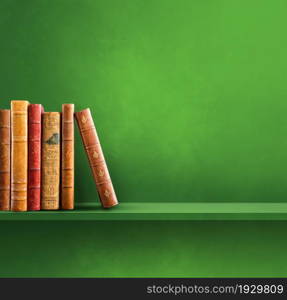 Row of old books on green shelf. Square scene background. Row of old books on green shelf. Square background