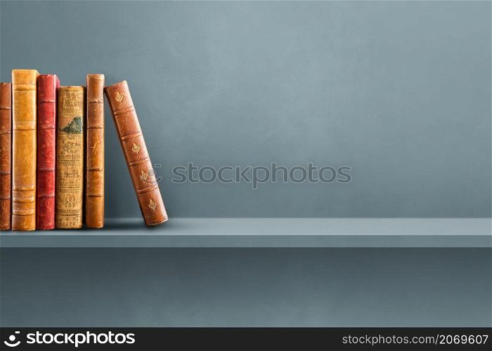 Row of old books on grey shelf. Horizontal background scene. Row of old books on grey shelf. Horizontal background