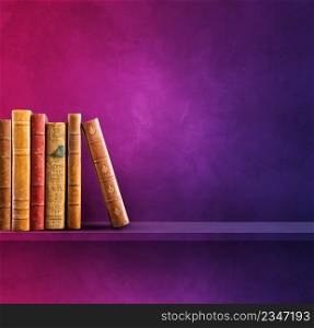 Row of old books on purple shelf. Square scene background. Row of old books on purple shelf. Square background