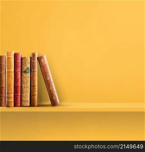 Row of old books on yellow shelf. Square scene background. Row of old books on yellow shelf. Square background