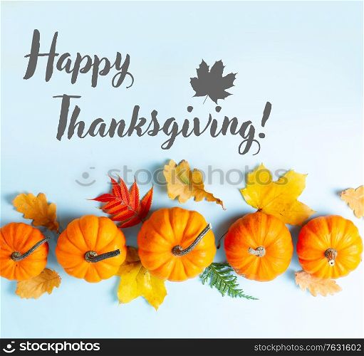 Row of orange pumpkins and leaves on blue background with happy thanksgiving greetings. pumpkin on table