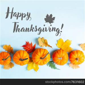 Row of orange pumpkins and leaves on blue background with happy thanksgiving greetings. pumpkin on table