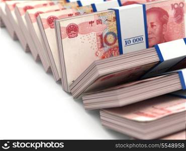 Row of packs of yuan. Lots of cash money. 3d