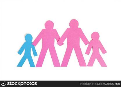 Row of paper stick figures holding hands over white background