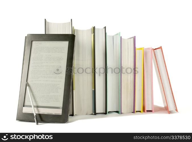 Row of printed books with electronic book reader on white background