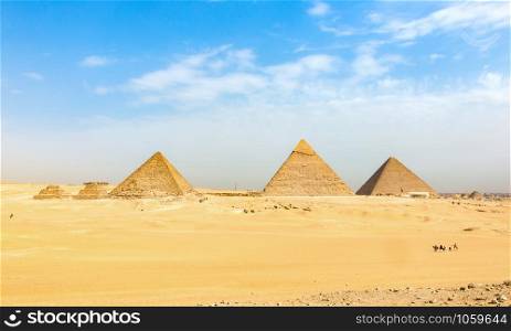 Row of Pyramids in the desrt of Giza at sunny day, Egypt. Row of Pyramids