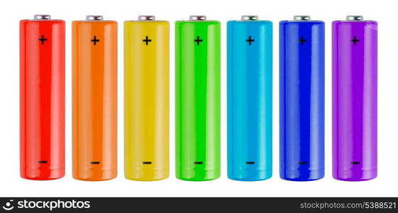 Row of seven colors batteries isolated on white